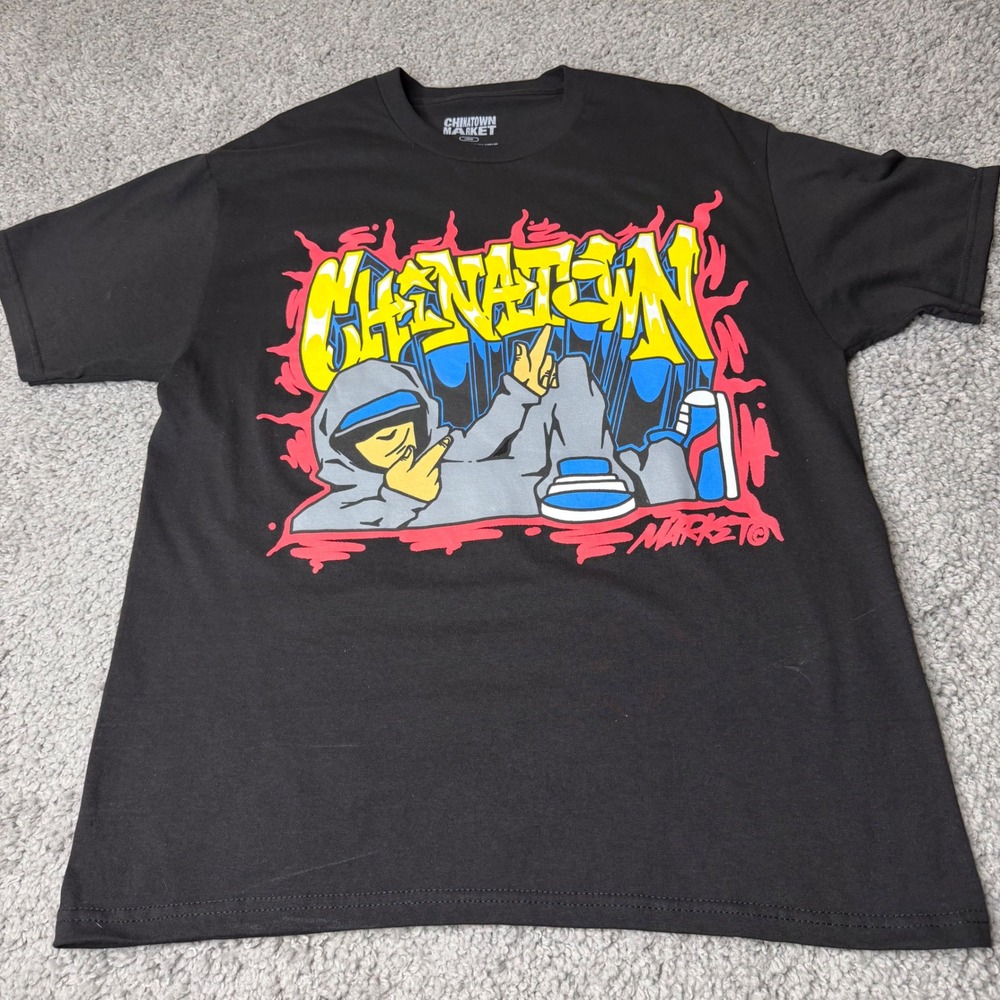 Chinatown Market Mens Large Black Graphic T-Shirt Streetwear Graffiti Character